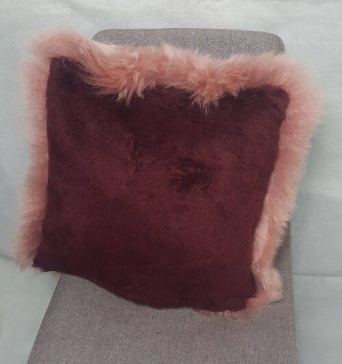 Dusty Pink Longwool Sheepskin Cushion rear Burgundy